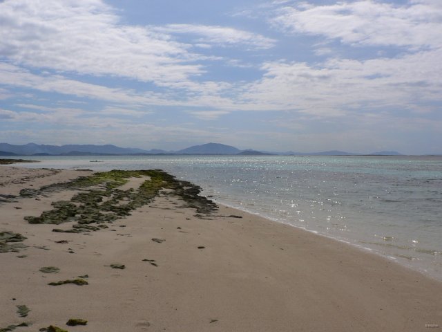132- Plage de l'ilot Laregnere a maree basse, Noumea au fond 